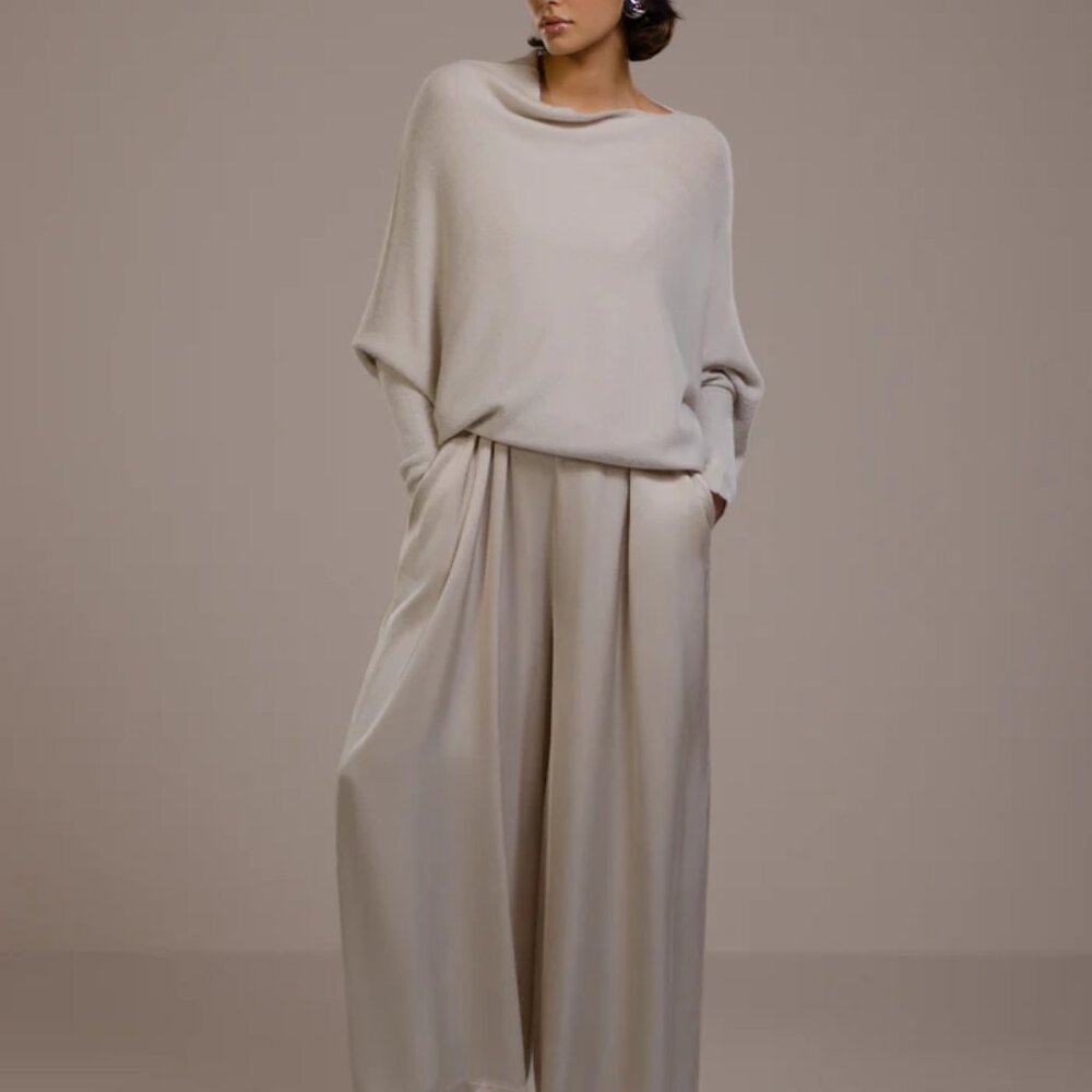 NWT JAKI London Audrey Satin Ivory Jumpsuit & Asymmetric Sweater